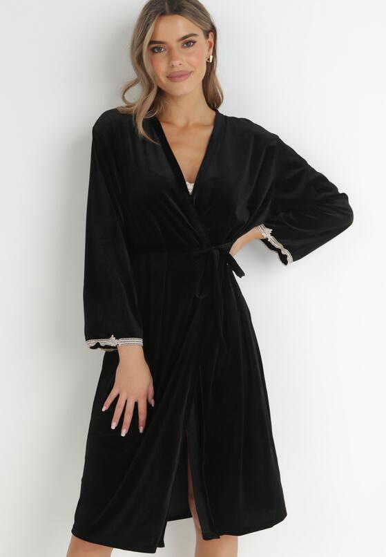 Czarny 2-częściowy Komplet Welurowy Koszula Nocna i Szlafrok Hipheve 4