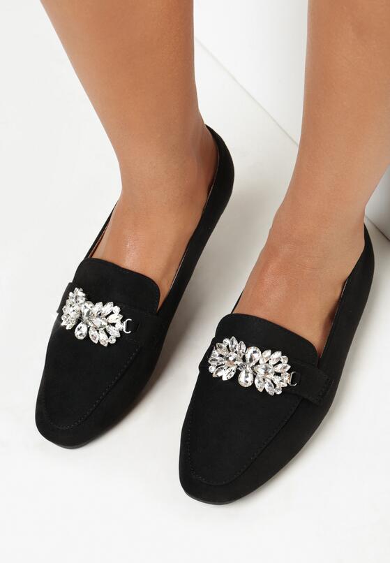 Czarne Mokasyny z Ekozamszu Zdobione Cyrkoniami Berma 1