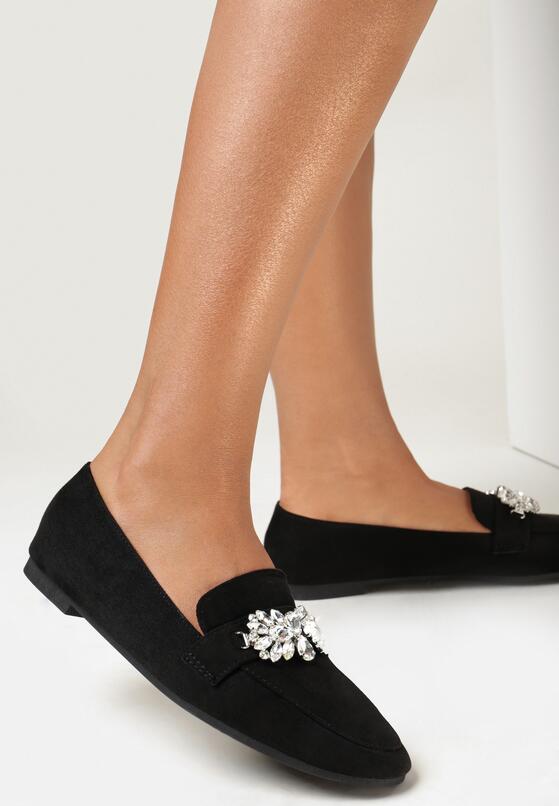 Czarne Mokasyny z Ekozamszu Zdobione Cyrkoniami Berma 2