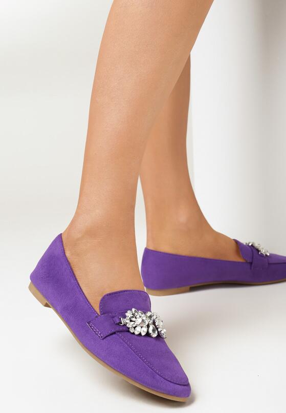 Fioletowe Mokasyny z Ekozamszu Zdobione Cyrkoniami Berma 2
