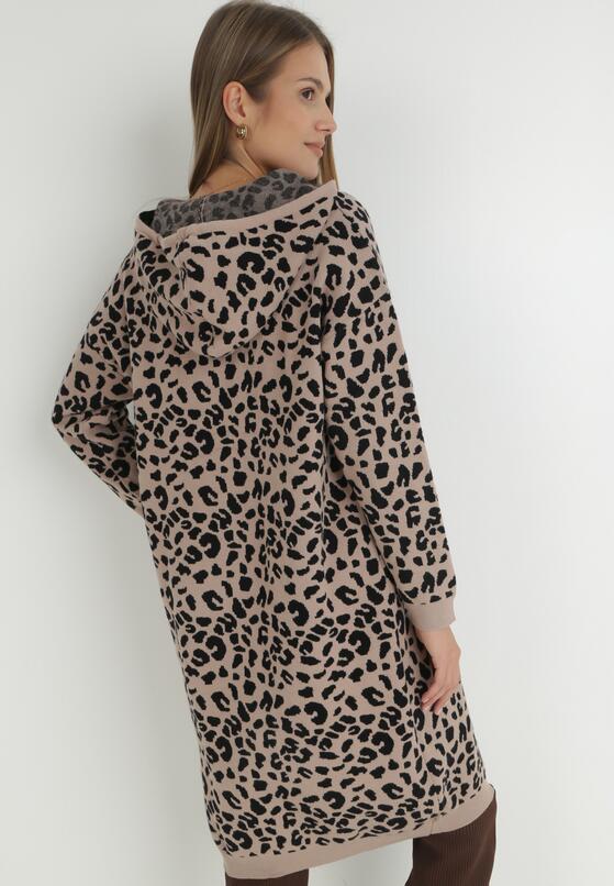 Beżowo-Czarna Sukienka Sweterkowa z Kapturem w Cętki Hinu 3