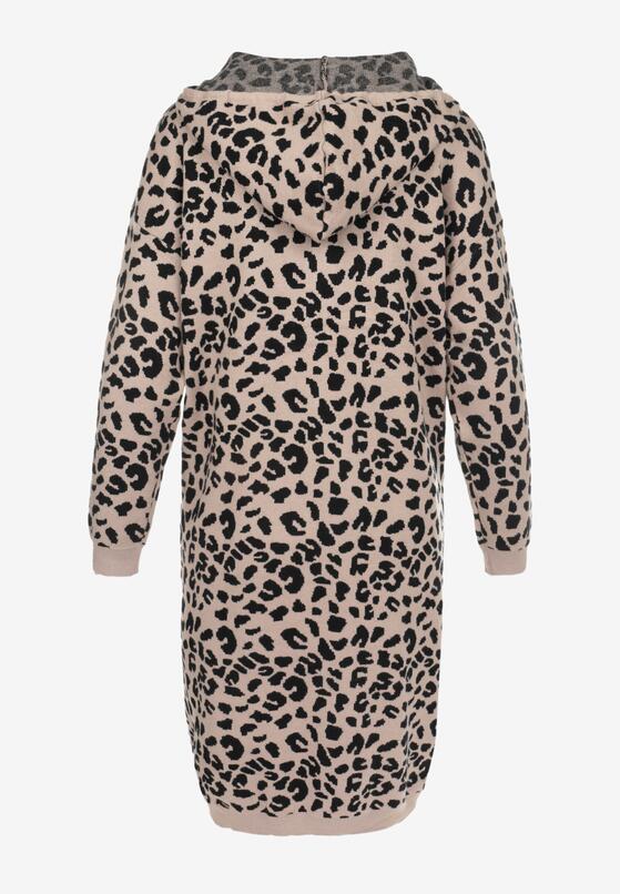 Beżowo-Czarna Sukienka Sweterkowa z Kapturem w Cętki Hinu 7