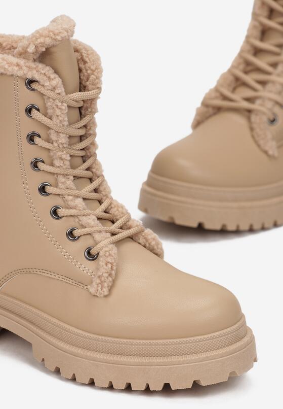 Beżowe Botki Workery Sznurowane z Futerkiem Deka 5