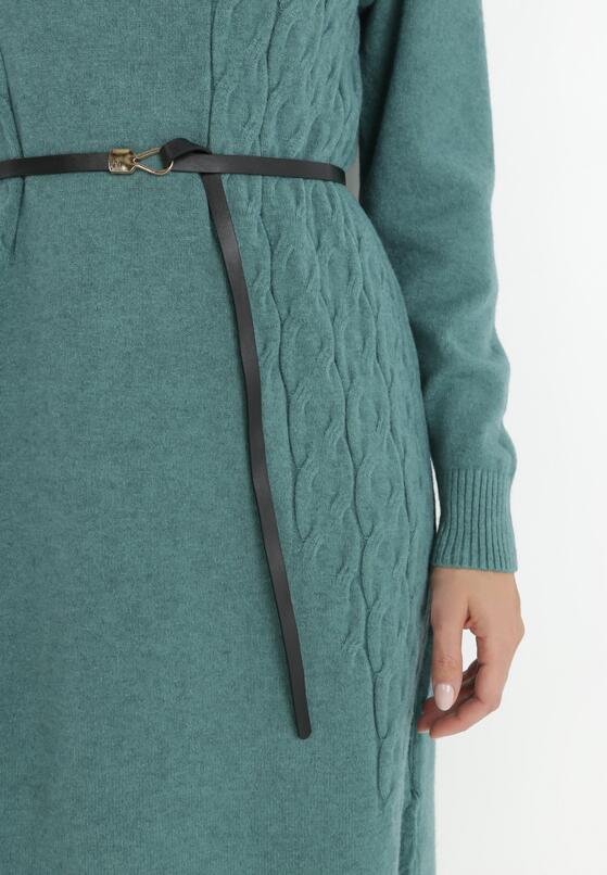 Zielona Sukienka Dzianinowa z Paskiem i Golfem Ficori 5