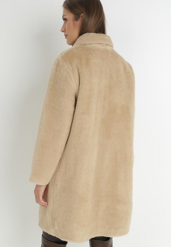 Beżowy Płaszcz Futerkowy Jednorzędowy Raso 4