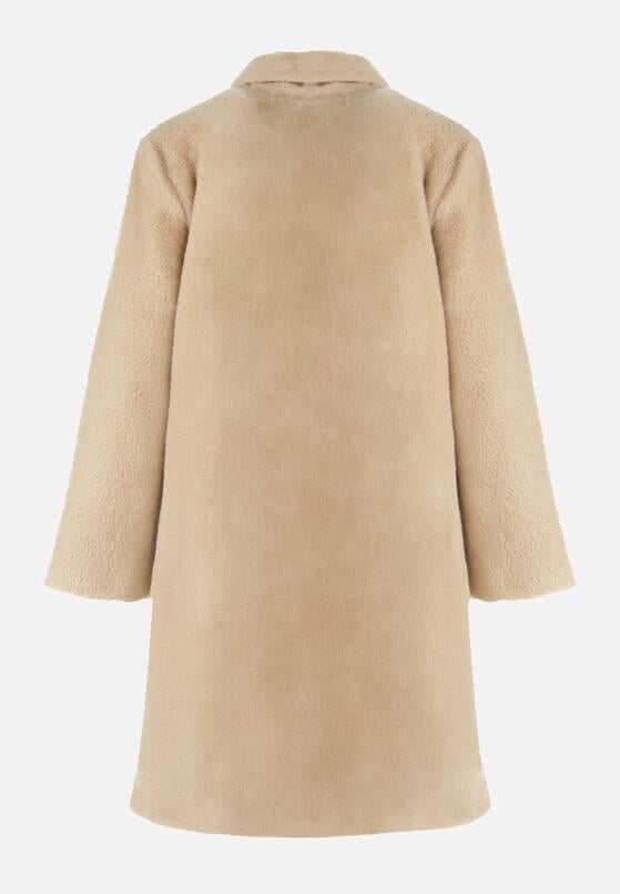 Beżowy Płaszcz Futerkowy Jednorzędowy Raso 7