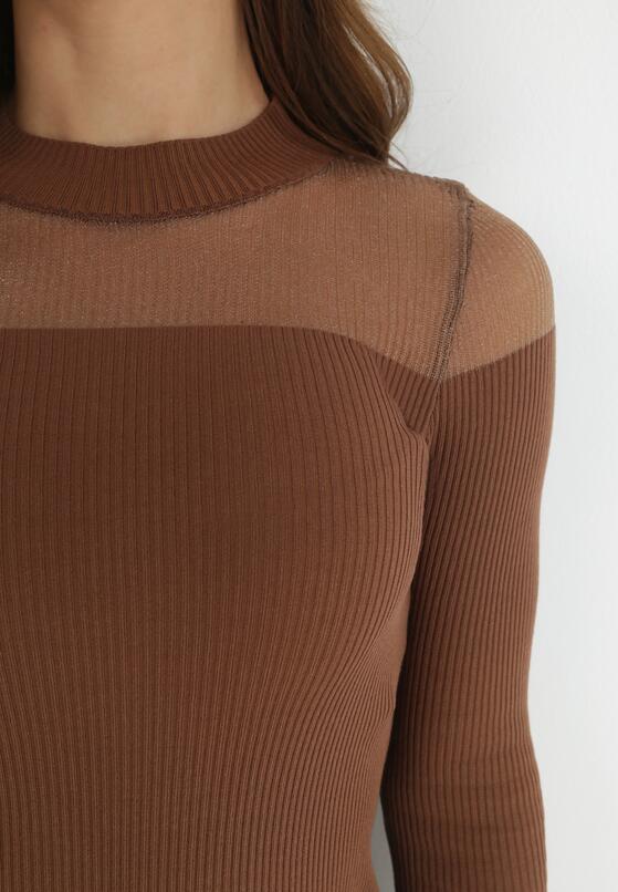 Brązowy Sweter Półgolf z Przezroczystym Dekoltem Taiko 5