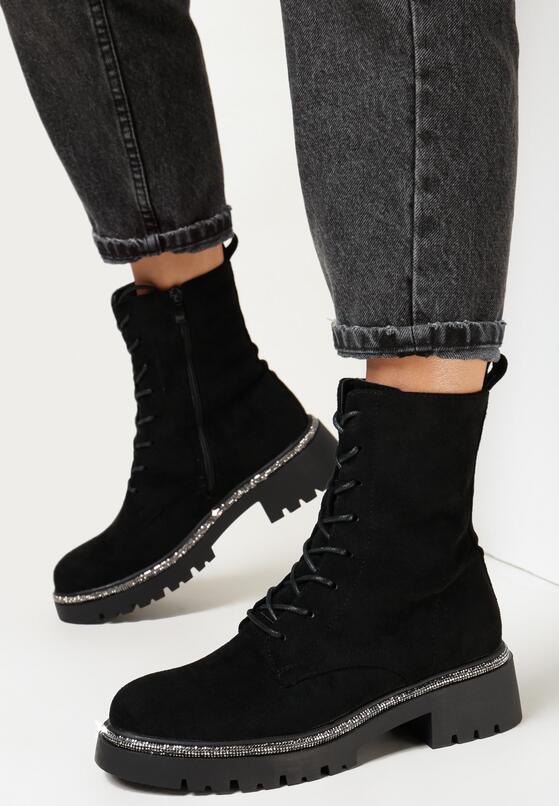 Czarne Botki Zdobione Paskiem z Cyrkoniami Mensa 1