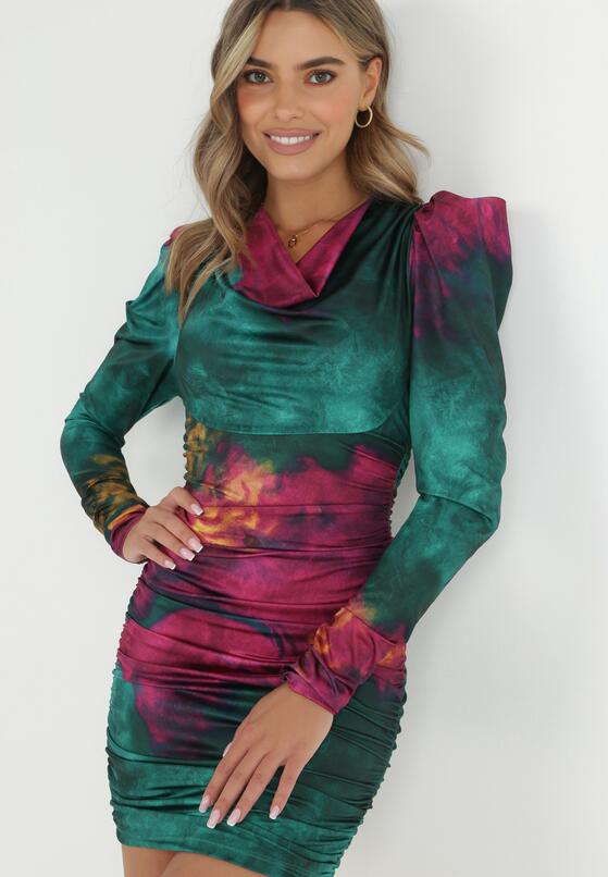Zielona Sukienka Tie-Dye z Bufiastym Rękawem Haki 1