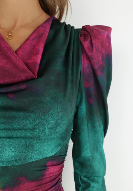 Zielona Sukienka Tie-Dye z Bufiastym Rękawem Haki 5