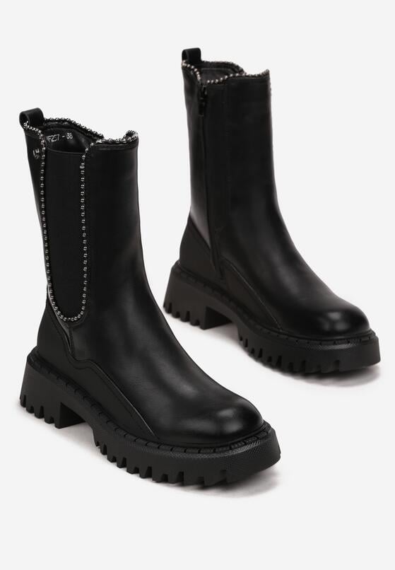 Czarne Botki Sztyblety na Grubej Podeszwie Agnelisa 4