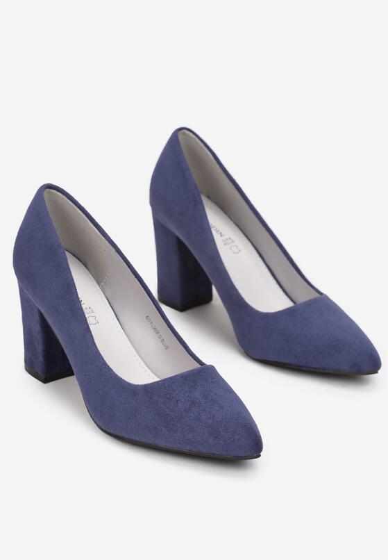 Granatowe Czółenka na Słupku z Wkładką ze Skóry Naturalnej Ramaa 4