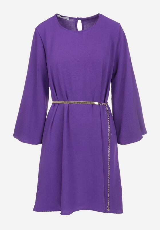 Ciemnofioletowa Sukienka Oversize z Łańcuszkowym Paskiem Kirle 6