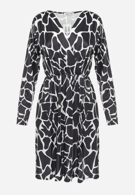 Czarno-Biała Sukienka Rozkloszowana z Kopertowym Dekoltem Aristoklea 6