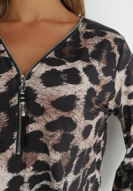 Brązowo-Czarna Bluzka w Panterkę z Suwakiem przy Dekolcie Cotik 5