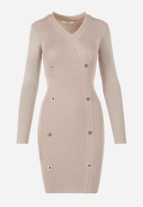 Beżowa Sukienka z Prążkowanej Dzianiny Cayi 6