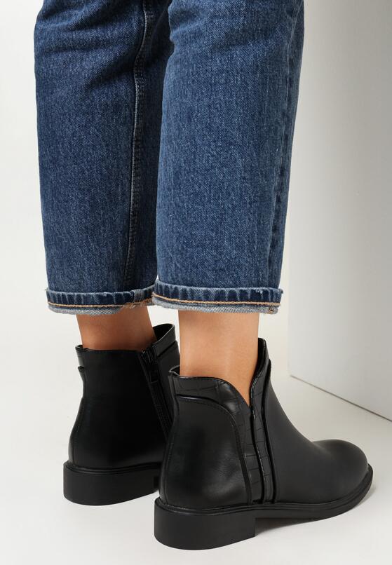 Czarne Botki na Płaskim Obcasie z Zaokrąglonym Noskiem Kleodike 2