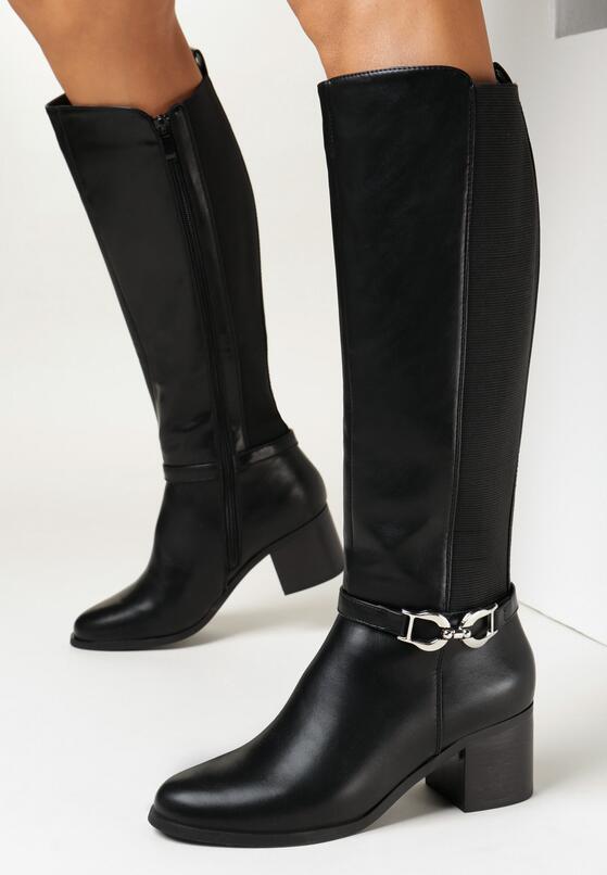 Czarne Kozaki na Słupku z Elastyczną Cholewką z Tyłu i Klamerką Vohi 1