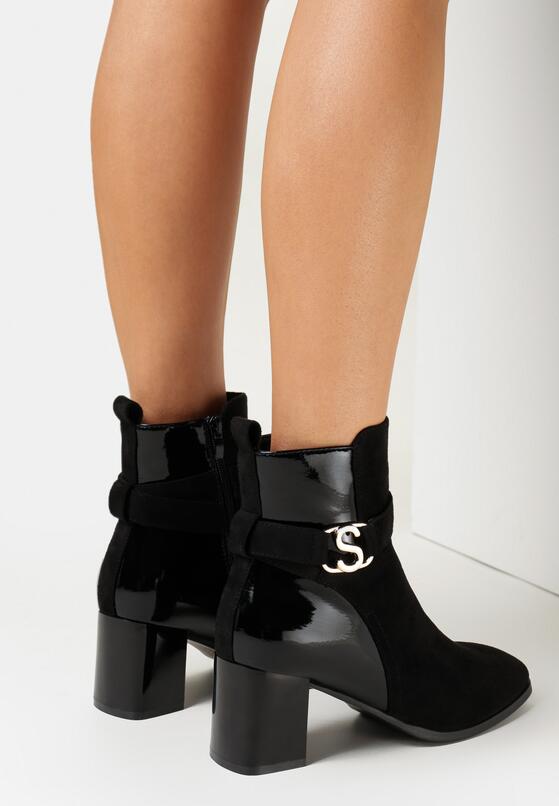 Czarne Botki na Obcasie z Ozdobną Klamerką Flallia 2