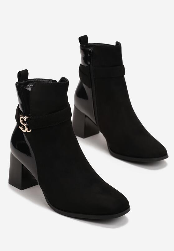 Czarne Botki na Obcasie z Ozdobną Klamerką Flallia 4