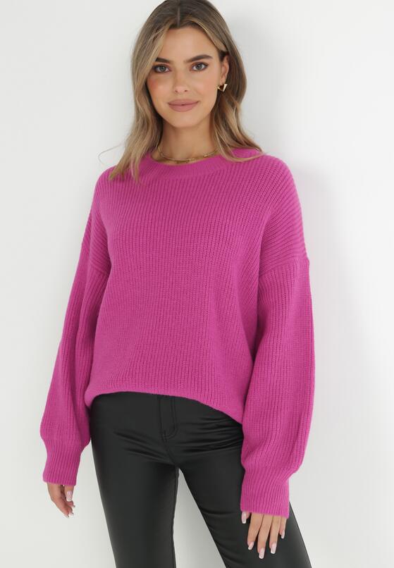 Fuksjowy Sweter Oversize z Okrągłym Dekoltem Ravo 2