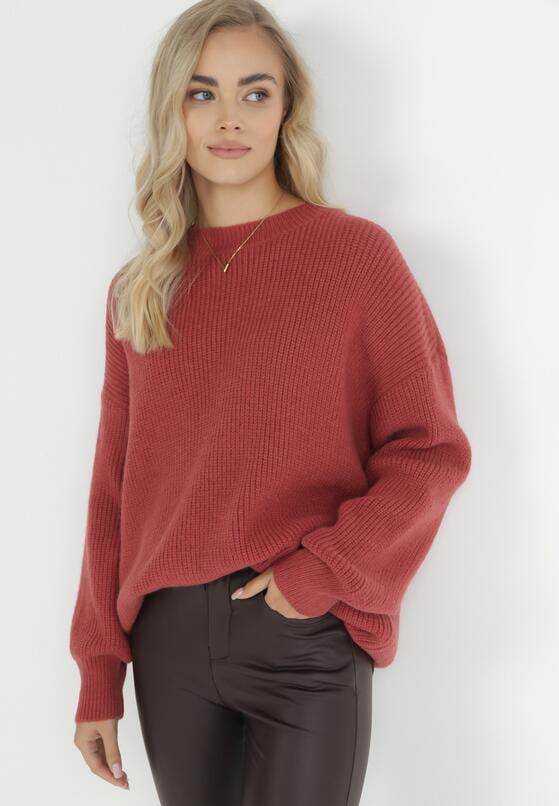 Czerwony Sweter Oversize z Okrągłym Dekoltem Ravo 1