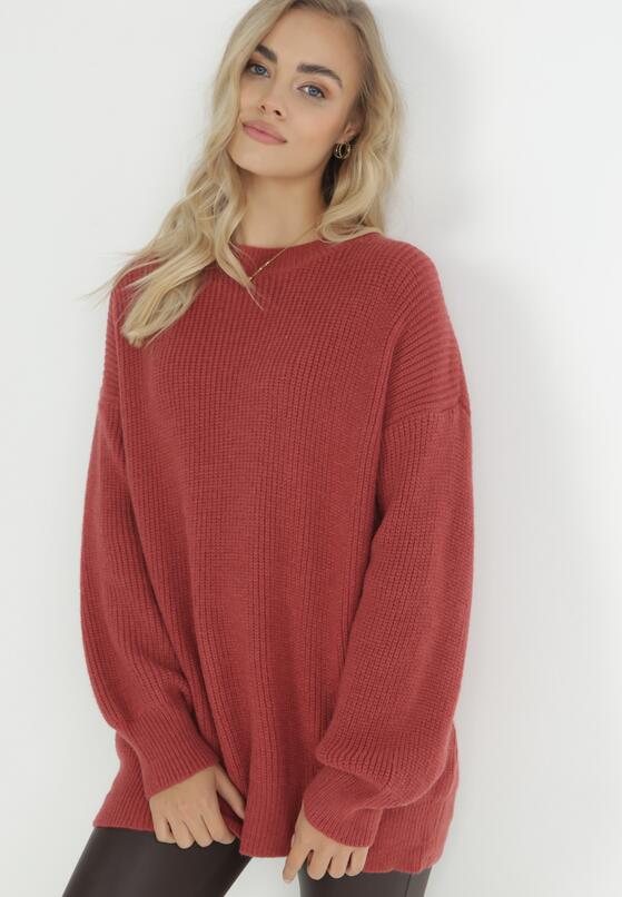 Czerwony Sweter Oversize z Okrągłym Dekoltem Ravo 2