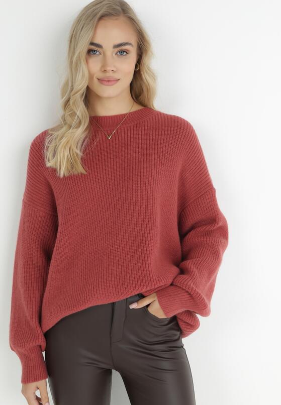 Czerwony Sweter Oversize z Okrągłym Dekoltem Ravo 4