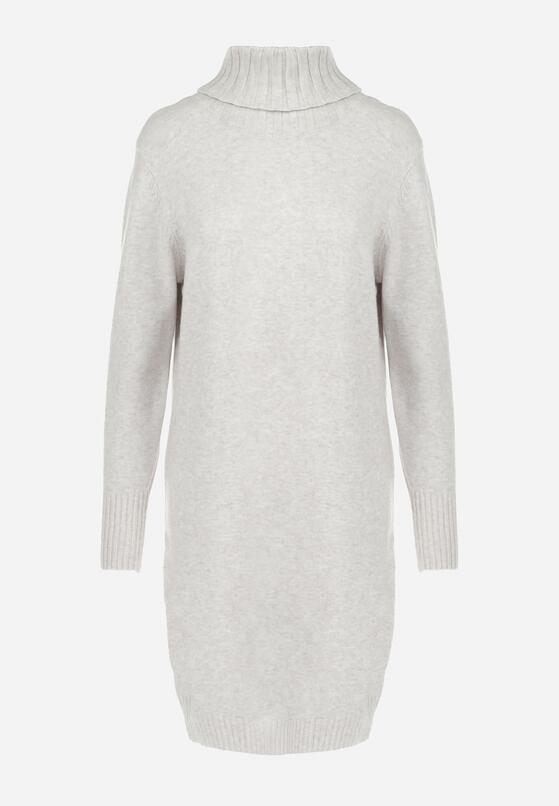 Beżowa Pudełkowa Sukienka Dzianinowa z Golfem Chissa 6