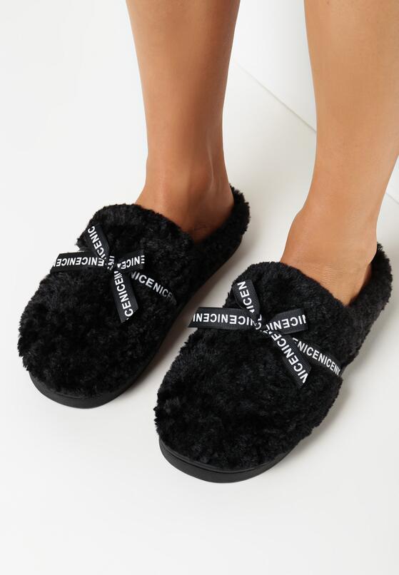 Czarne Kapcie z Futerkiem i Kokardką Balni 1