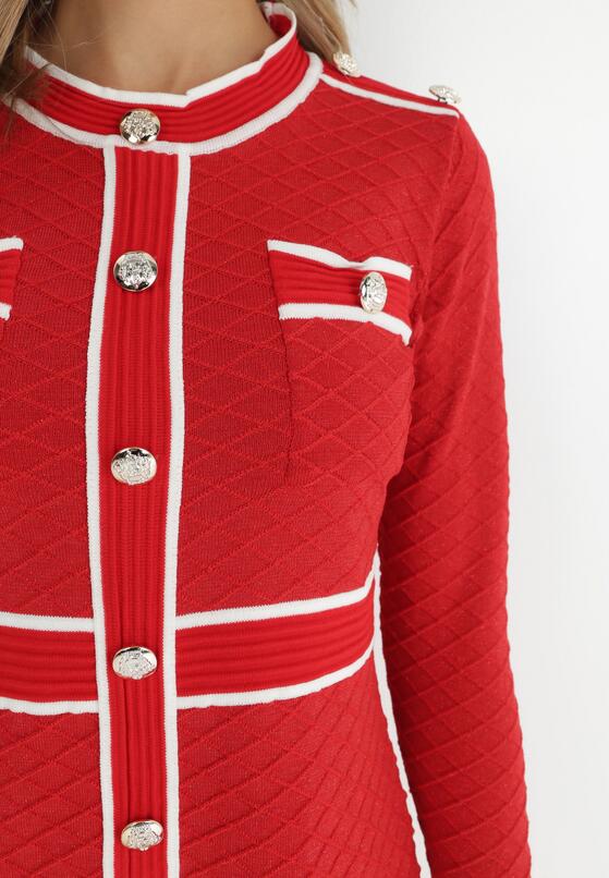 Czerwona Sukienka Dzianinowa z Metaliczną Nitką i Guzikami Nizaza 5