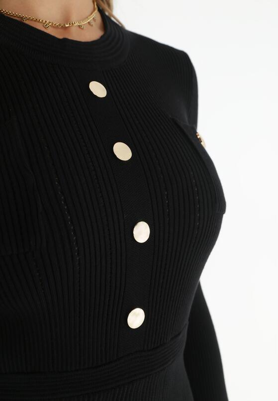 Czarna Sukienka z Prążkowanej Dzianiny Rozkloszowana Dazema 5