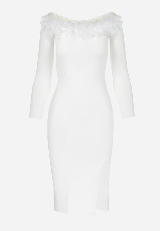 Biała Sukienka Dzianinowa z Piórami Preta 6