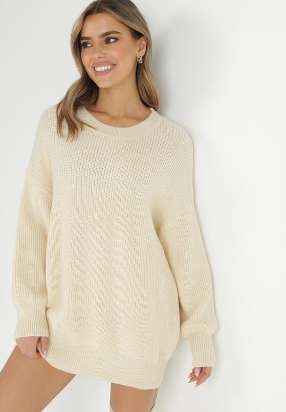 Beżowy Sweter Oversize z Okrągłym Dekoltem Ravo 4