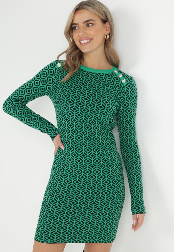 Zielona Sukienka Dzianinowa w Geometryczny Wzór Zere