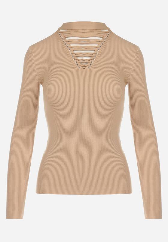 Beżowy Sweter z Gorsetowym Wiązaniem na Dekolcie Teollie 6