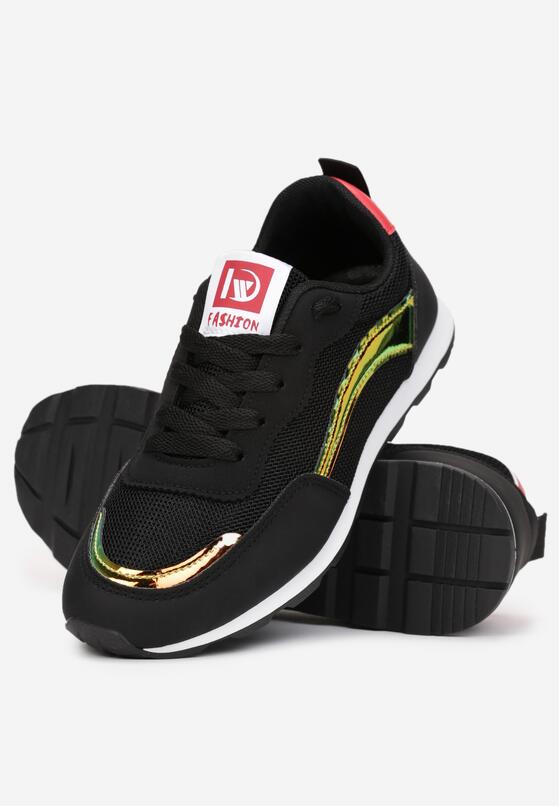 Czarne Buty Sportowe na Płaskiej Podeszwie Sznurowane z Metalicznymi Wstawkami Falino 4