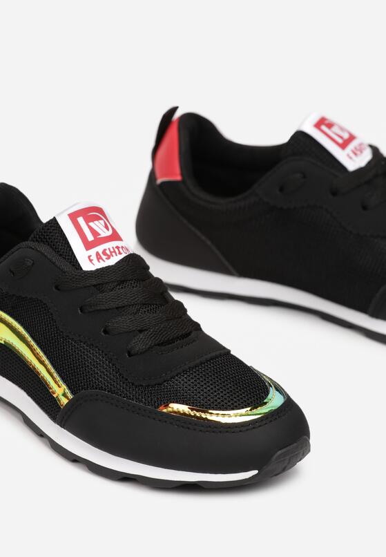 Czarne Buty Sportowe na Płaskiej Podeszwie Sznurowane z Metalicznymi Wstawkami Falino 5