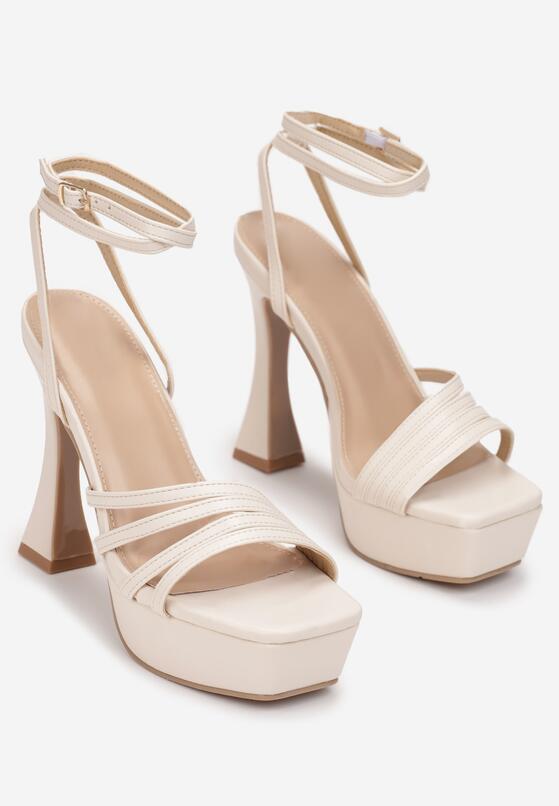 Beżowe Sandały na Słupku i Platformie z Cienkimi Paskami Pasea 4