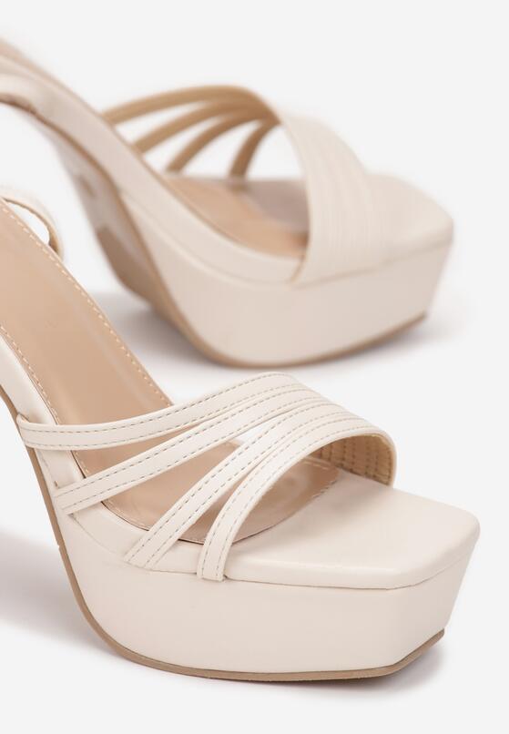 Beżowe Sandały na Słupku i Platformie z Cienkimi Paskami Pasea 5