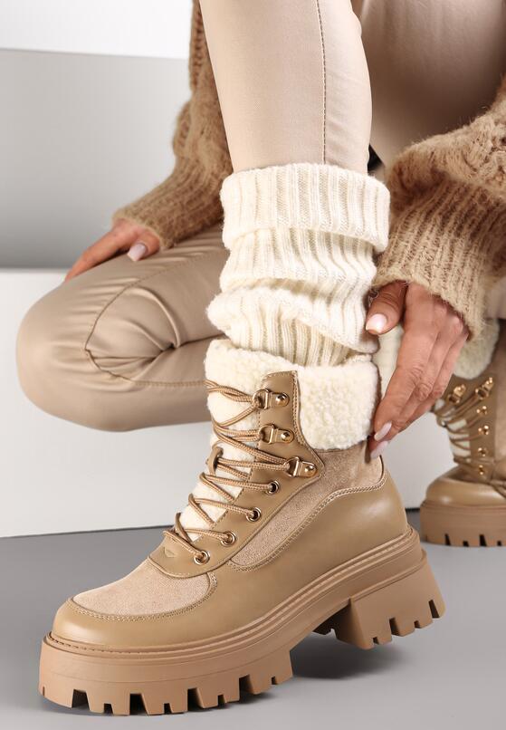 Ciemnobeżowe Traperki na Podeszwie z Protektorem i Futerkiem Alling 2