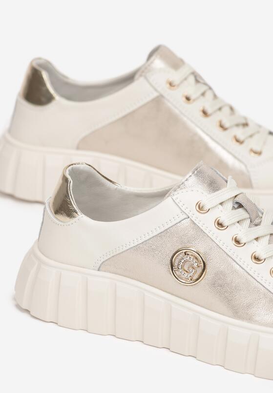 Beżowo-Złote Sneakersy Skórzane na Grubej Podeszwie Cremini 5