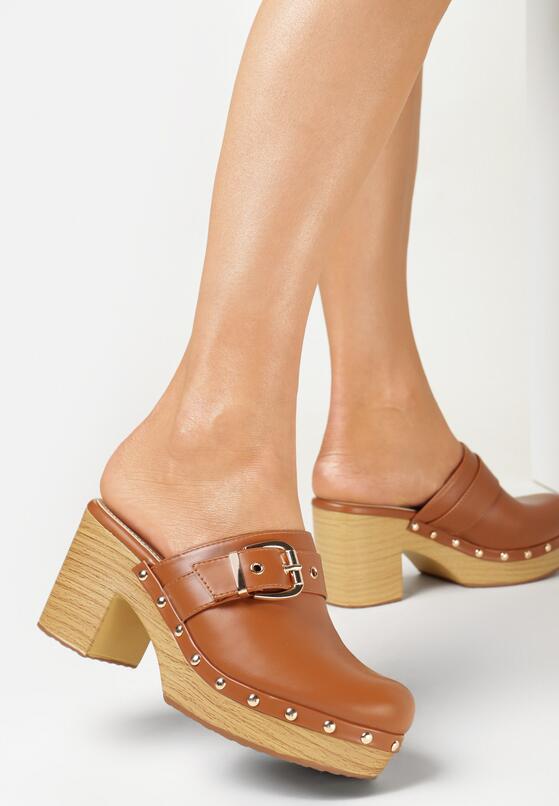 Brązowe Klapki na Słupku i Platformie z Ozdobnym Paskiem Yenelo 2