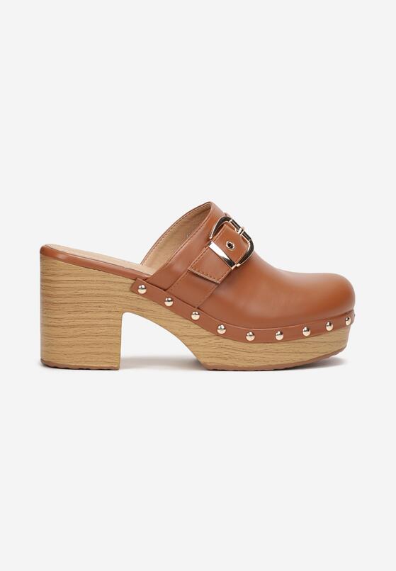 Brązowe Klapki na Słupku i Platformie z Ozdobnym Paskiem Yenelo 3