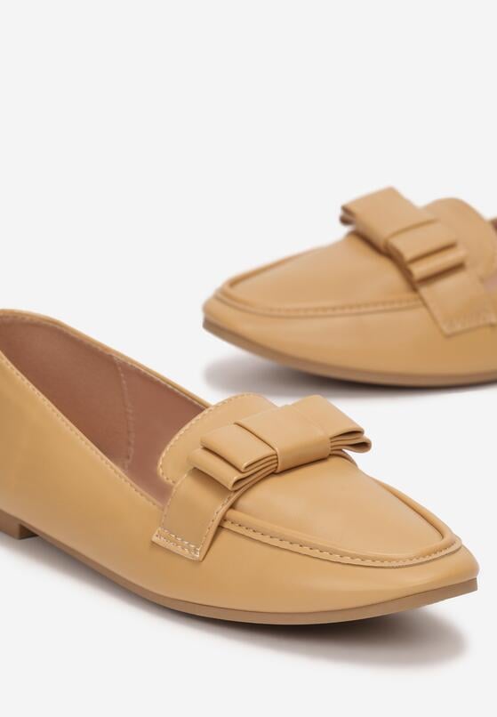 Ciemnobeżowe Mokasyny na Płaskiej Podeszwie z Kokardką Masna 5