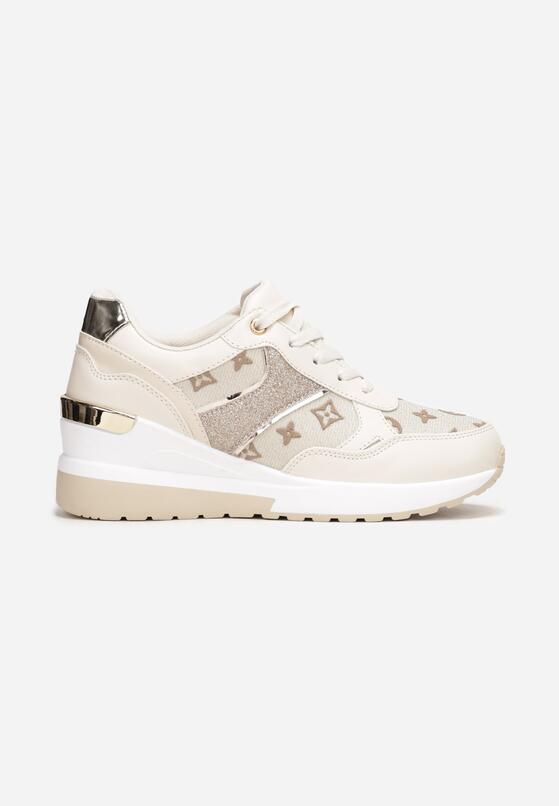 Beżowe Sznurowane Sneakersy na Koturnie z Brokatowymi Wstawkami Pernelle 3