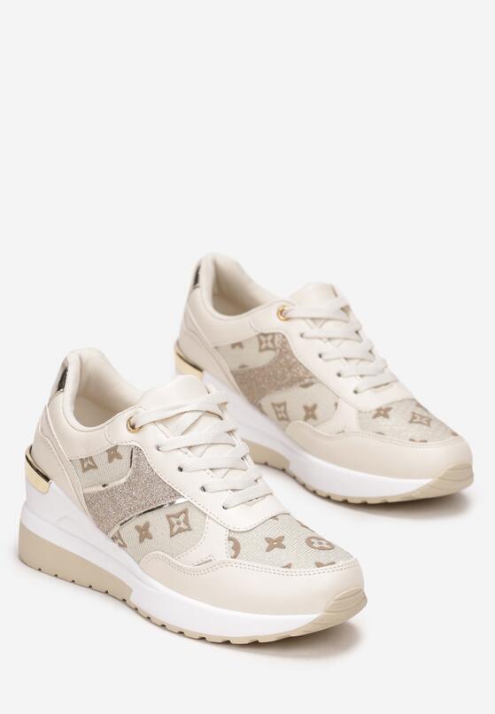 Beżowe Sznurowane Sneakersy na Koturnie z Brokatowymi Wstawkami Pernelle 4