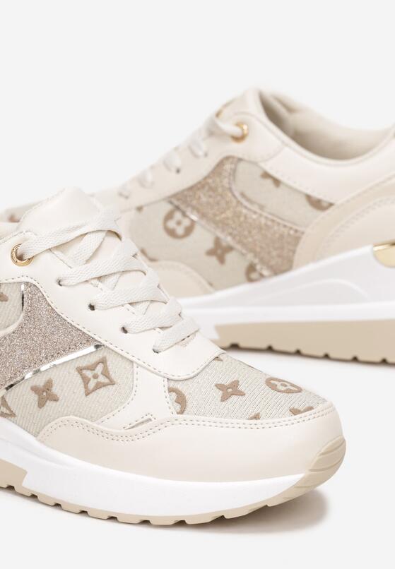 Beżowe Sznurowane Sneakersy na Koturnie z Brokatowymi Wstawkami Pernelle 5