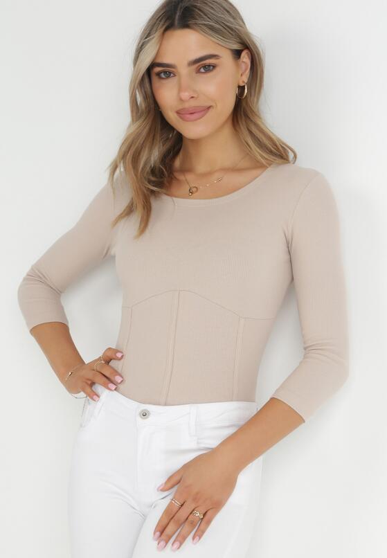 Jasnobeżowa Bawełniana Bluzka Gorsetowa z Rękawem 3/4 Ajay 1