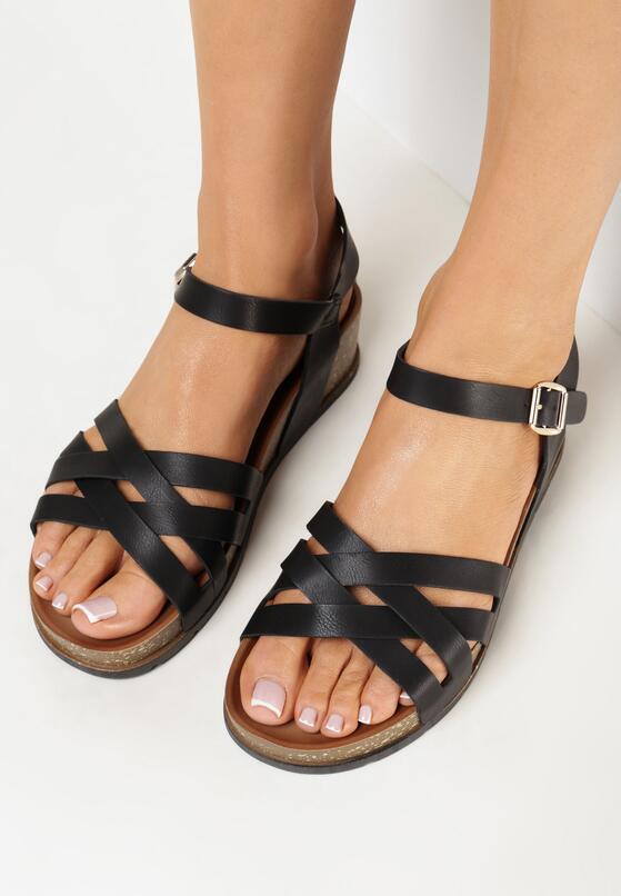 Czarne Sandały na Koturnie z Paskami Farosh 2